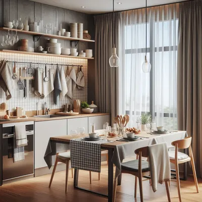 A kitchen picture showing kitchen mat hanging, and table runner with napkins on the table