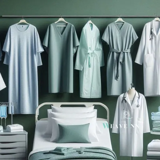 Hospital workwear, scrubs and gowns hanged.