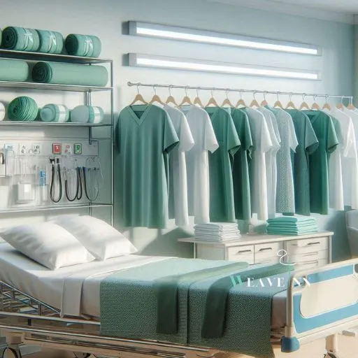 Hospital linen including sheets rolled and scrubs hanged