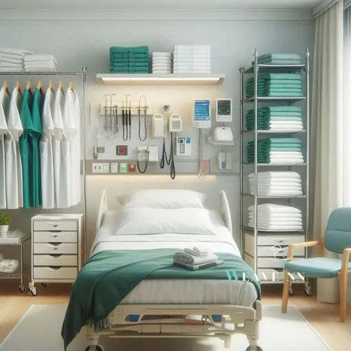 Hospital room featuring a hospital bed, white lab coats, scrubs, and hospital sheets are stacked on a rack.