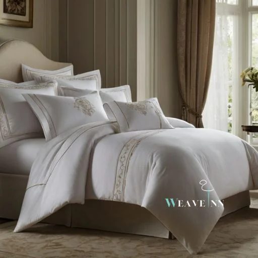 Luxurious hotel bedroom featuring a king size bed with a white duvet and embroidered white pillowcases.